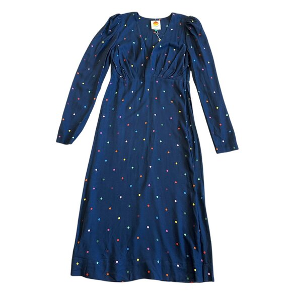 Farm Rio Lucy Dots V-Neck Dress Navy Colorful Long Sleeve Shift Size Small NWT - Picture 3 of 13
